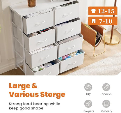 Sweetcrispy Dresser for Bedroom, Chest Organizer Unit with 8 Fabric Bins, Fabric Storage Tower, Drawer Organizer with Steel Frame, Wooden Top for Nursery, Living Room, Closet