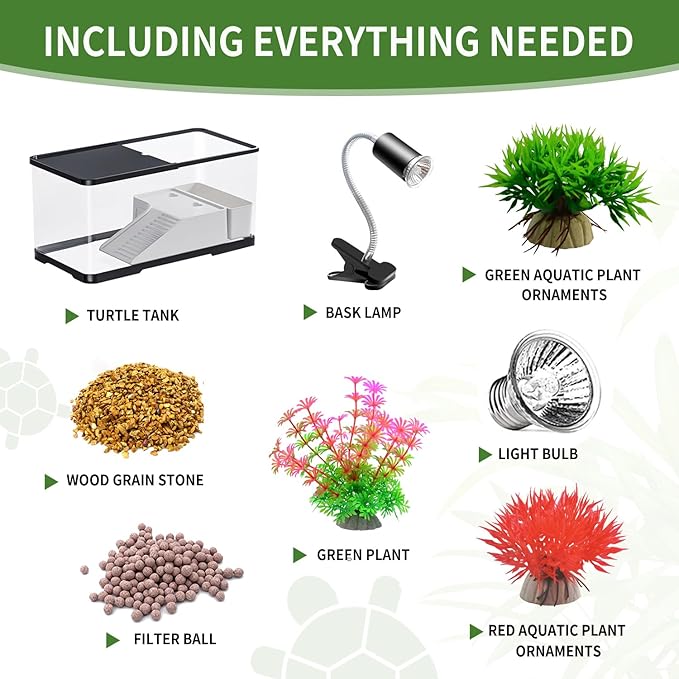 (Tank + Light + Filter Balls) Turtle Tank Kit, Turtle Tank Starter Kit,Bottom Drainage, Multi-Function Areas for Turtles, Crabs,Fishes, Amphibians,Reptiles.(11.81 × 7.88 × 7.88 Inch)-Mewly Pet