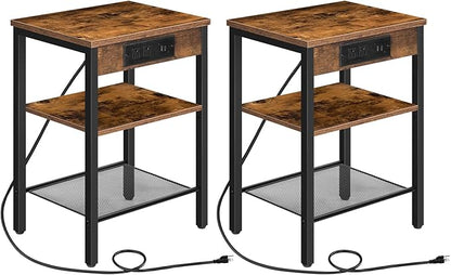 HOOBRO End Tables Set of 2 with Charging Station and USB Port, 3-Tier Nightstands with Adjustable Shelf, Small Side Tables for Small Space in Living Room, Bedroom, Rustic Brown BF112BZP201