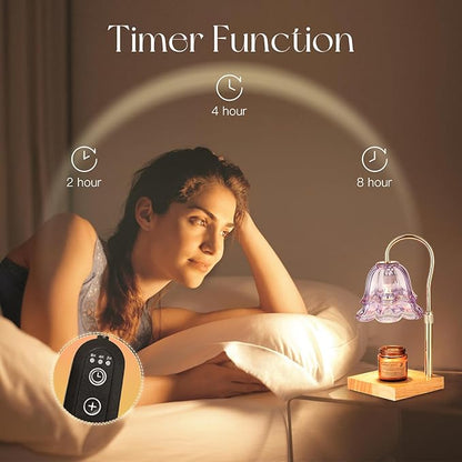 Candle Warmer Lamp with Timer: Purple Flower Candle Warming Lamp with 2 Bulbs Height Adjustable Wax Warmer Dimmable Bedroom Decor Mothers Day Gift for Women