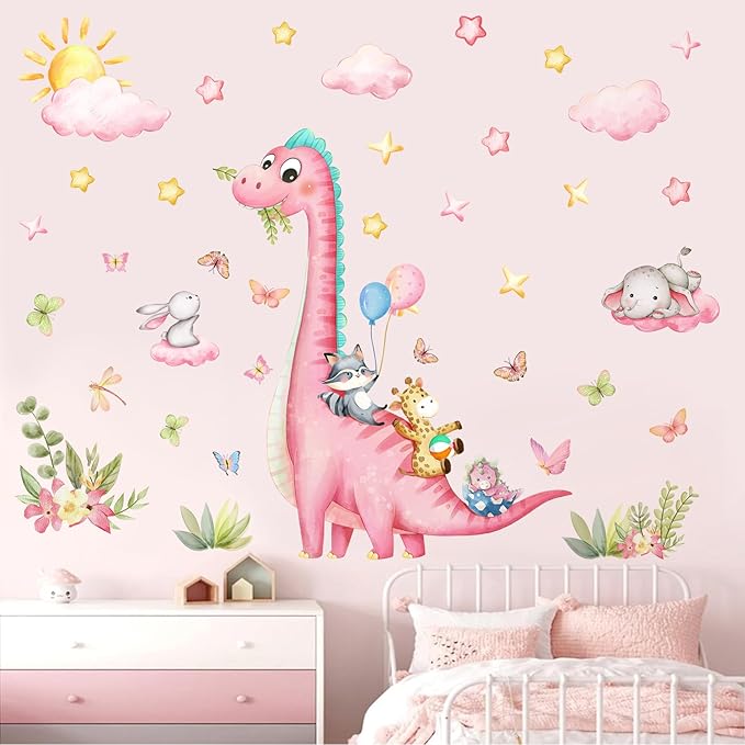 Pink Dinosaur Wall Decals for Girls Room, Sunoyar Dinosaur Wall Stickers Removable, Self-Adhesive DIY Peel & Stick Dino Wall Decal for Girls Baby Nursery Bedroom Living Room