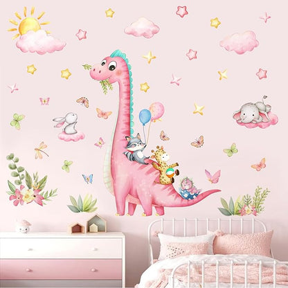 Pink Dinosaur Wall Decals for Girls Room, Sunoyar Dinosaur Wall Stickers Removable, Self-Adhesive DIY Peel & Stick Dino Wall Decal for Girls Baby Nursery Bedroom Living Room
