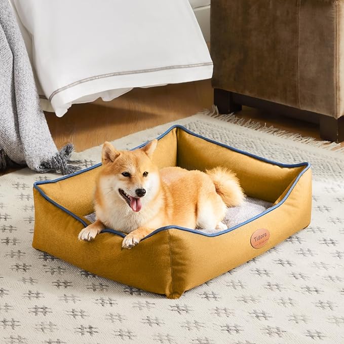Orthopedic Dog Beds for Medium Dogs, Durable Egg Crate Foam Sofa Dog Bed wit Washable Removable Cover,Waterproof Lining,Pet Bed for Large Dogs (Mustard Yellow, 26.4" L x 21.7" W x 6.2" Th)-Mewly Pet