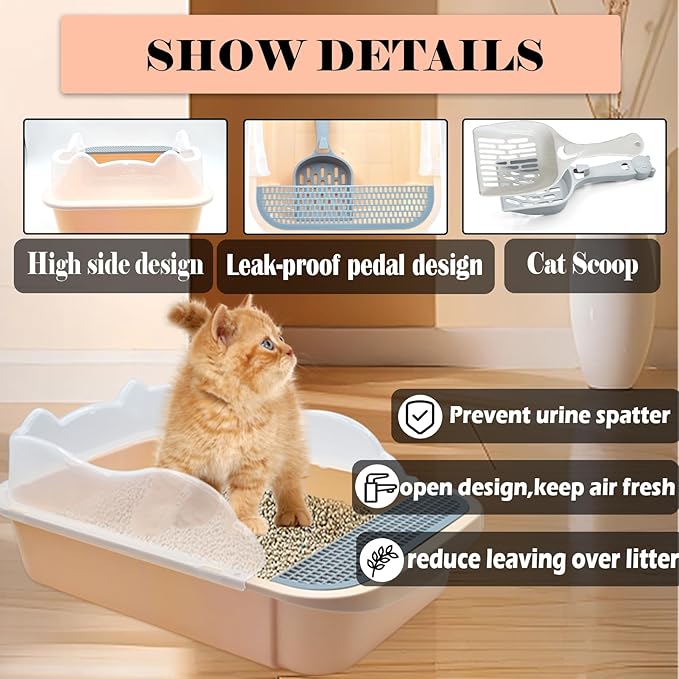 kathson Open Cat Litter Box with High Side,Anti-Splashing Cats Litter Pan Semi-Enclosed Removable Cats Litter Boxes with Litter Sifting Scoop Open Top Kitty Toilet for Easy to Clean(Khaki)-Mewly Pet