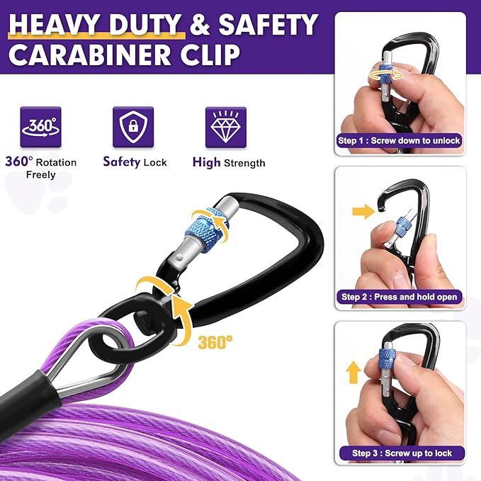 Snagle Paw Dog Leads for Yard 100FT-1000LBS Break Strength,Heavy Duty Tie Out Cable for Dogs with Swivel Lockable Hook & Spring,Chew Proof Dog Chain for Outside,Dog Run Cable for Medium Large Dogs-Mewly Pet