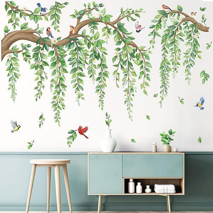 wondever Large Tree Branch Hanging Vine Wall Stickers Green Leaf Flower Birds Peel and Stick Wall Art Decals for Living Room Bedroom TV Wall