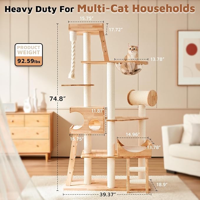 Wood Cat Tree for Indoor Cats, Modern Cat Tower, Unique Cat Condo with House, Tall Luxury Furniture with Heavy Duty Wide Base, Kraft Paper Rope Scratching Post, Removable Cushion (74.8-inch)-Mewly Pet