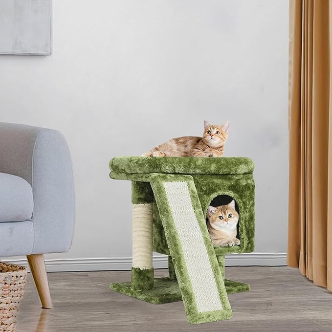 YANDLVY Small Cat Tower for Cats, Cute Cat Tree for Indoor Cats, Kittens Condo with Scratching Post and Board, Cat Cave, Modern Cat Activity House with Plush Perch (Green)-Mewly Pet