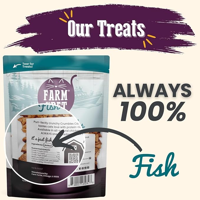Farm To Pet - Cat Treat Crumbles - 3 oz Single Ingredient Fish Treat and Snacks - Healthy for Indoor Cats and Kitten - Essential Products (Mix with Wet/Dry Food)-Mewly Pet
