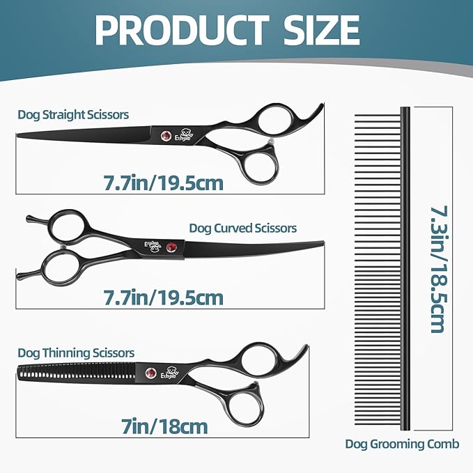 7.0" Professional Dog Grooming Scissors Kit – 3-Piece Set with Straight, Curved & Thinning Shears, Black Japanese Stainless Steel, Includes Grooming Comb for Dogs & Cats-Mewly Pet