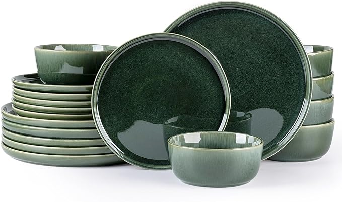 GBHOME Ceramic Dinnerware Sets for 6, 18 Pieces Stoneware Plates and Bowls Sets, Reactive Glaze Dishes -Scratch Resistant, Dishwasher&Microwave Safe, Earth Green-Mewly Pet