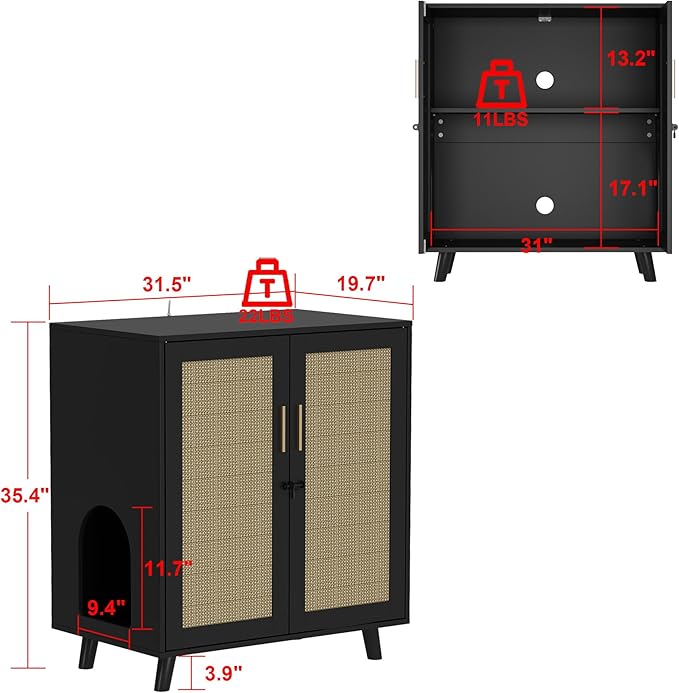 Lovinouse Large Cat Litter Box Enclosure,Hidden Kitty Litter Furniture with Sisal Covered Doors,2-Layer Wooden Cat Washroom Cabinet w/Adjustable Shelf, Side Table for Living Room,Black-Mewly Pet