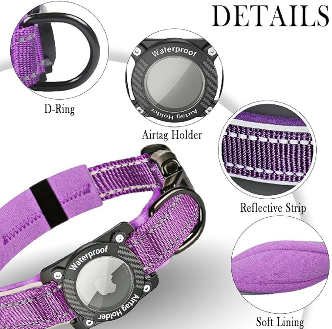 Upgraded AirTag Dog Collar, IP68 Waterproof Dog Collar with Apple Air Tag Holder, Reflective Adjustable Heavy Duty Dog Collars with Soft Padded for Small, Medium and Large Dogs,Purple, L-Mewly Pet