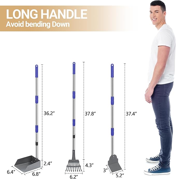 Heeyoo Dog Pooper Scooper, Dog Poop Tray and Rake Set, Pet Waste Removal Scoop with Long Adjustable Sectional Stainless Handles-Mewly Pet