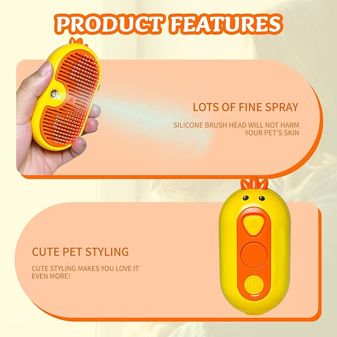 Spritz Defur Comb for Cats, New 3-in-1 Cat Steam Brush for Massaging and Cleaning Shedding Pets, Comb for Long and Short Hair Cats and Dogs Grooming Tool (zsyellow)-Mewly Pet