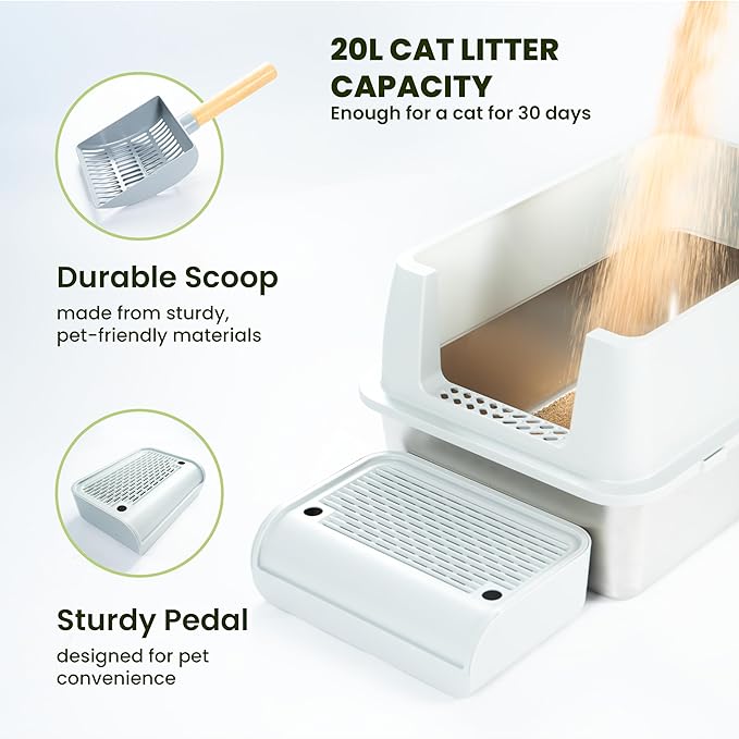 Cattasaurus Stainless Steel XL Cat Litter Box with Lid for Large Cats Up to 40lbs, Removable Kitty Litter Box Enclosure, Top Entry Litter Box, Durable Scoop & Pedal (Stainless Steel - Only Base)-Mewly Pet