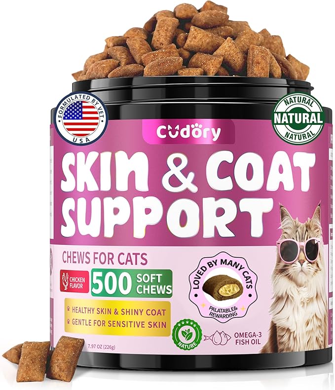 Natural Skin and Coat Support for Cats - Crunchy & Creamy Chews with Omega 3, Biotin & Vitamin E for Healthy Skin, Shiny Fur, Cat Supplements & Vitamins -Chicken（500 Chews-Mewly Pet