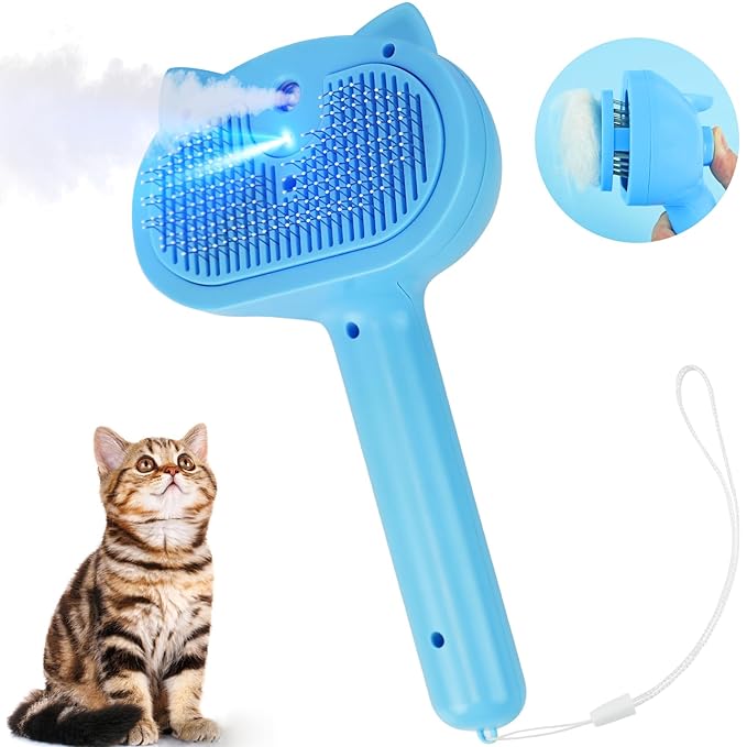 Cat Steam Brush for Shedding, 4 in 1 Steamy Cat Brush with Release Button, Self Cleaning Metal Pet Misting Hair Comb with Handle for Grooming Kitten Dog(Blue)-Mewly Pet