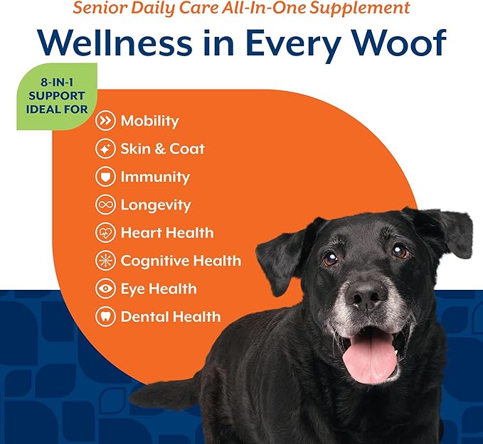 NaturVet All-in-One Senior Dog Daily Care Supplement, 8-in-1 Support Dog Soft Chews for Mobility, Skin, Heart, Teeth, Cognition, Eyes, Hickory Smoked Bacon Flavored Pet Supplement for Dogs, 60 Count-Mewly Pet