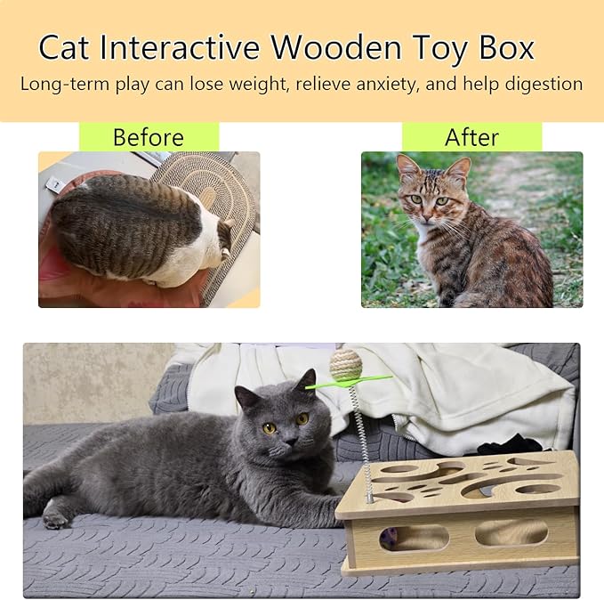 Interactive Wooden Cat Puzzle Toy Box Indoor Hunting Play Toy to Stimulate Your Cat’s Energy and Instincts (Pink)-Mewly Pet