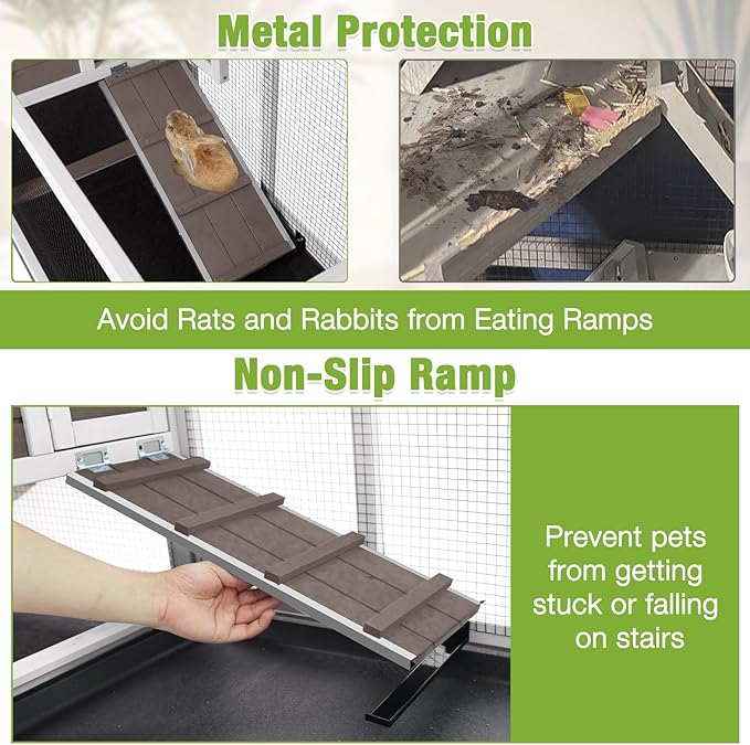 GUTINNEEN Rabbit Cage Indoor Bunny Hutch with Chew-Proof Ramp - 2 Story Guinea Pig Cages Outdoor with 6 Wheels, Leakproof Pull-Out Tray for Rabbits, Guinea Pigs (Brown)-Mewly Pet