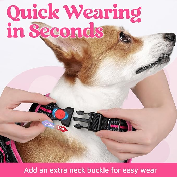 rabbitgoo Dog Harness for Large Dogs, No Pull Pet Vest with 3 Buckles, Adjustable Soft Padded Pet Harness with Easy Control Handle and Reflective Strips, Black & Rose Pink, XL-Mewly Pet