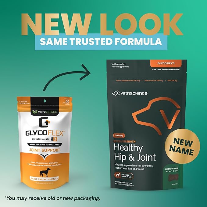 VetriScience Glycoflex 3 Clinically Proven Hip and Joint Support Supplement for Small Dogs - Maximum Strength Dog Supplement with Glucosamine, MSM, Green Lipped Mussel & DMG - 60 Chews,Chicken Flavor-Mewly Pet