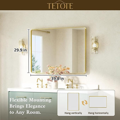 TETOTE Gold Bathroom Mirror 40 x 30 Inch Brushed Gold Metal Framed Vanity Mirror, Tempered Glass, Wall Mounted for Bathroom, Entryway, Bedroom, Living Room(Horizontal/Vertical)