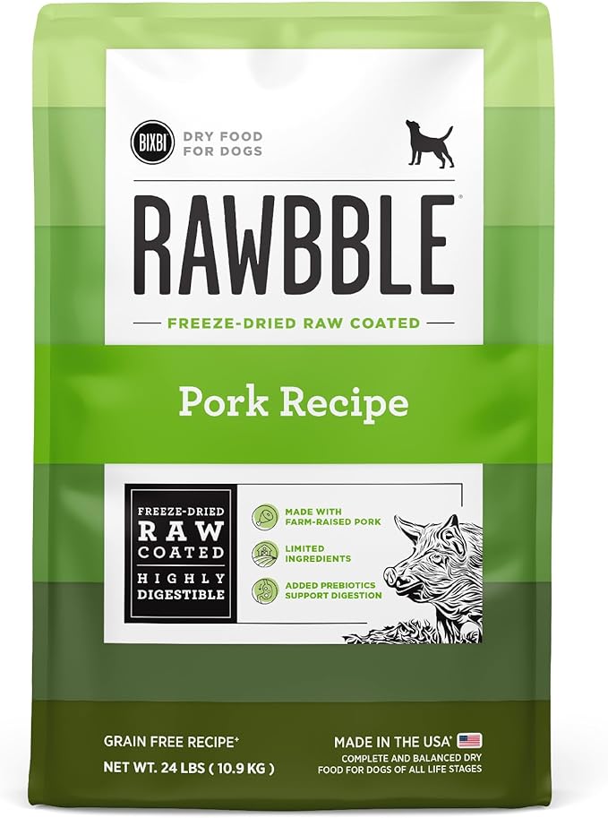 BIXBI Rawbble Dry Dog Food, Pork, 24 lbs - USA Made with Fresh Meat - No Meat Meal & No Corn, Soy or Wheat - Freeze Dried Raw Coated Dog Food - Minimally Processed for Superior Digestibility-Mewly Pet