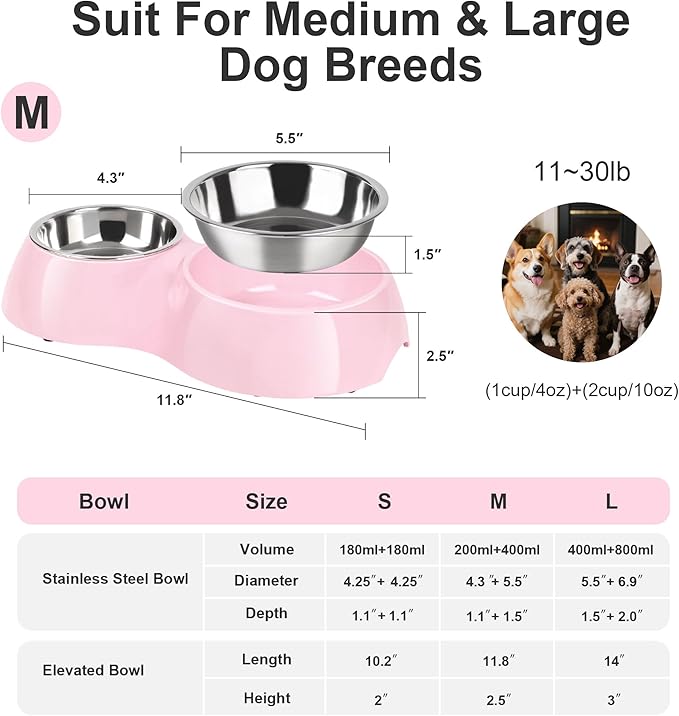 Double Dog Bowls Set – Non-Slip Pet Food & Water Dishes with Resin Stand, Includes Small (1 Cup) & Medium (2 Cups) Bowls – Ideal for Puppies, Cats, and Medium Dogs – Pink-Mewly Pet