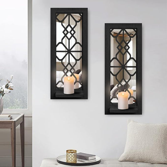 Wood Wall Sconce Candle Holder Set 2, Rustic Candle Sconces, Farmhouse Hanging Wall Décor, Carved Wood Frame, Mirrored Wall Accent