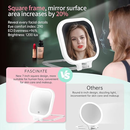 FASCINATE 20X Magnification Rechargeable Travel Makeup Mirror, 7" Lighted Portable Vanity Mirror with 3 Colors Lighting & Stepless Dimming, Double Sided LED Mirror, Gift for Women (White)