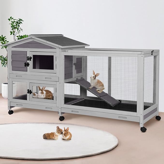 62" Rabbit Hutch with Chew-Proof Ramp & Waterproof Roof - Indoor/Outdoor Bunny Cage, 2-Story Design, 6 Lockable Caster Wheels & Dual Pull-Out Trays (Grey)-Mewly Pet