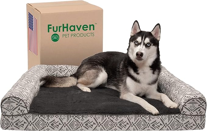 Furhaven Orthopedic Dog Bed for Large Dogs w/ Removable Bolsters & Washable Cover, For Dogs Up to 95 lbs - Plush & Southwest Kilim Woven Decor Sofa - Boulder Gray, Jumbo/XL-Mewly Pet
