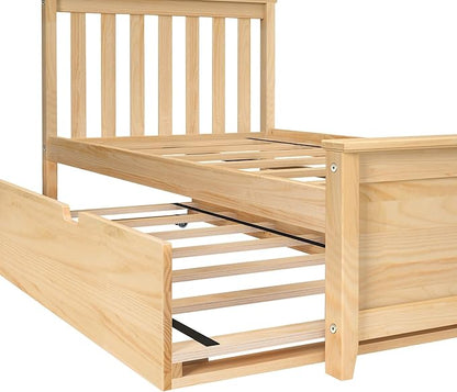 Max & Lily Twin Bed, Wood Bed Frame with Headboard For Kids with Trundle, Slatted, Natural