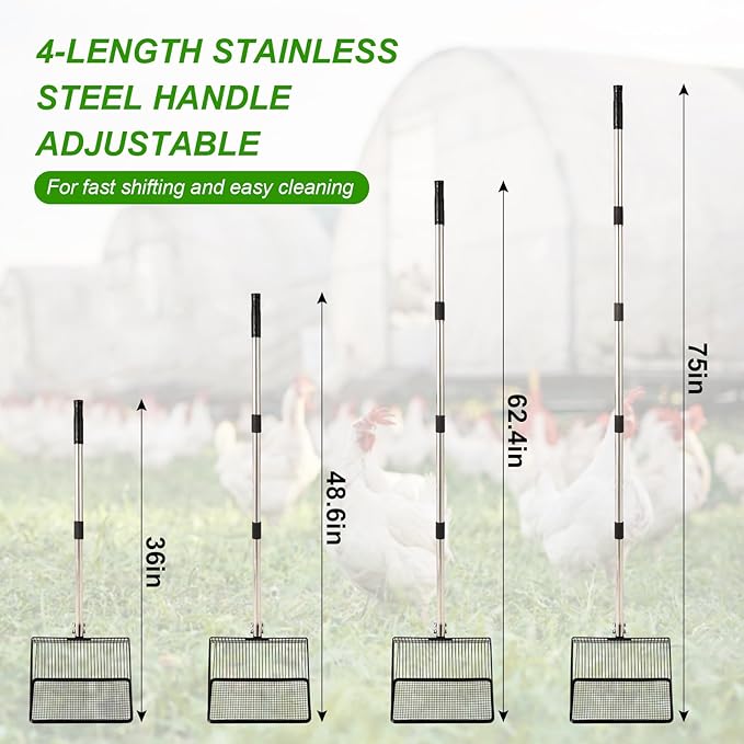 10inch Large Metal Chicken Poop Scooper, 36" to 75" Long Chicken Coop Litter Scoop with Stainless Steel Adjustable Handle, 4 in 1 Detachable Litter Sifting Shovel Scoop for Chicken Coop Accessories-Mewly Pet
