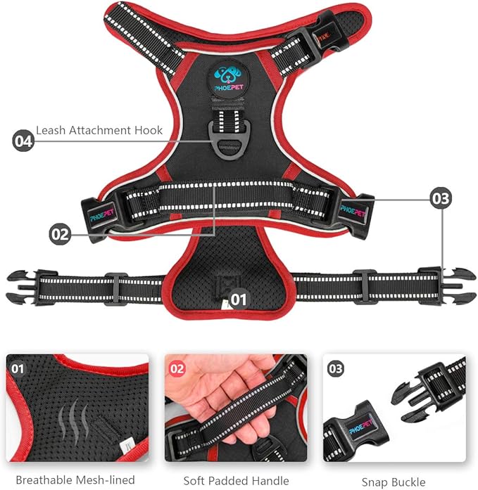 PHOEPET 2019 Upgraded No Pull Dog Harness, Reflective Adjustable Vest, with a Training Handle + 2 Metal Leash Hooks+ 3 Snap Buckles +4 Slide Buckles(S, Black)-Mewly Pet