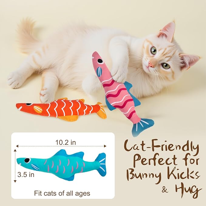 EXPAWLORER Catnip Cat Toys Fish,4 Pcs Durable Cat Kicker Toy with Natural Catnip Cotton,Interactive Bite Resistant Soft Pillow Filled for Indoor Cats Kitten Playing,Drives Bored Cats Crazy with Fun-Mewly Pet
