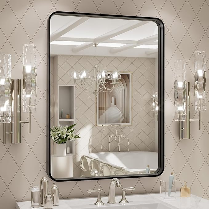LOAAO 24X32 Inch Black Metal Framed Bathroom Mirror for Wall, Matte Black Bathroom Vanity Mirror Farmhouse, Large Rounded Rectangle Mirror, Anti-Rust, Hangs Horizontally or Vertically