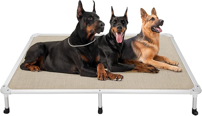 Veehoo Chew Proof Elevated Dog Bed - Cooling Raised Pet Cot - Silver Aluminum Frame and Durable Textilene Mesh Fabric, Unique Designed No-Slip Feet for Indoor or Outdoor Use, Beige Coffee, XX Large-Mewly Pet