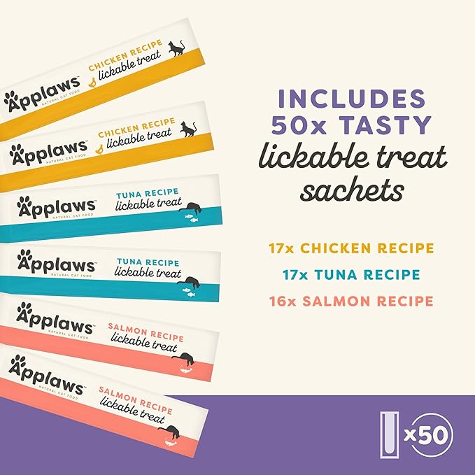 Applaws Lickable Cat Treats, Natural Grain-Free Purée, Limited Ingredient Variety Pack with Chicken, Tuna & Salmon Squeeze Up Treats (50 x 0.5oz Sachet Tub)-Mewly Pet