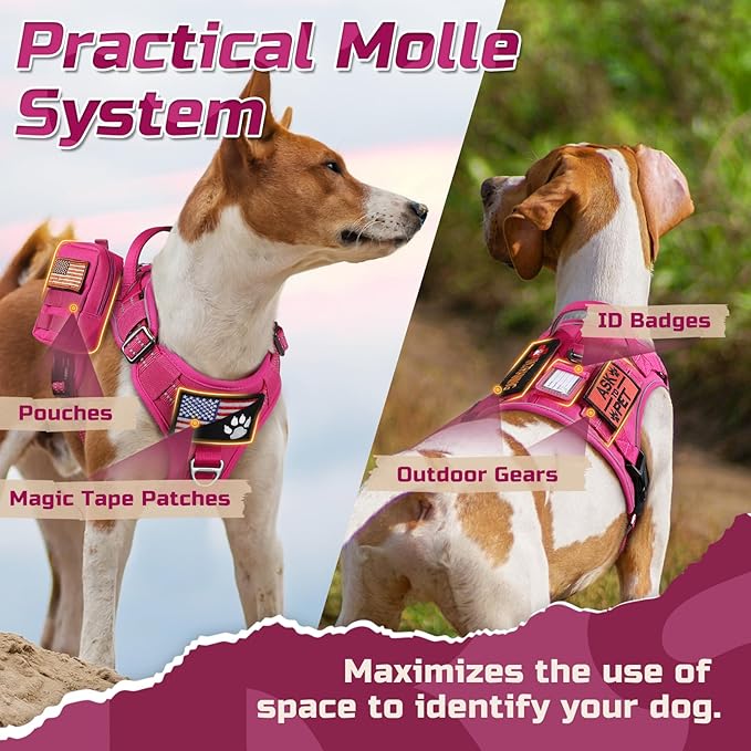 rabbitgoo Tactical Dog Harness for Large Dogs, No Pull Military Service Vest with Handle & Molle, Easy Control for Training Walking, Adjustable Reflective Straps, Rose Red, L-Mewly Pet