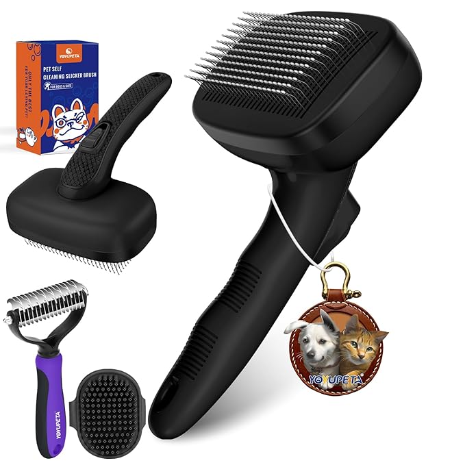 Dog Brush Kit - Self-Cleaning Slicker Brush with Bath Brush & Undercoat Rake | Deshedding Tools for Large - Small Dogs & Cats, Professional 3-in-1 Pet Grooming Set for Heavy Shedding, Black-Mewly Pet