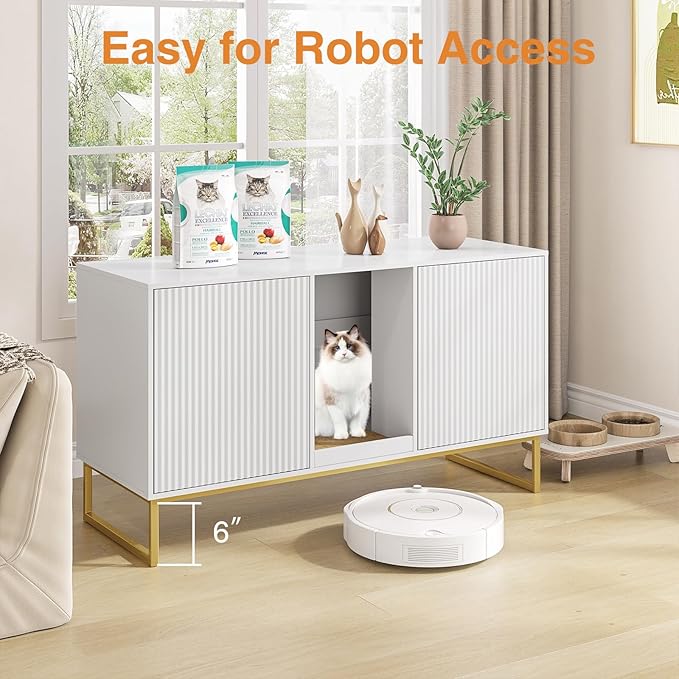 Litter Box Enclosure for 2 Cats, Fluted Hidden Cat Litter Box Furniture with Scratch Pad and Metal Legs, Modern Double Room Kitty House for Living Room, Washroom, 47.2”L x 17.7”W x 25.9”H, White-Mewly Pet