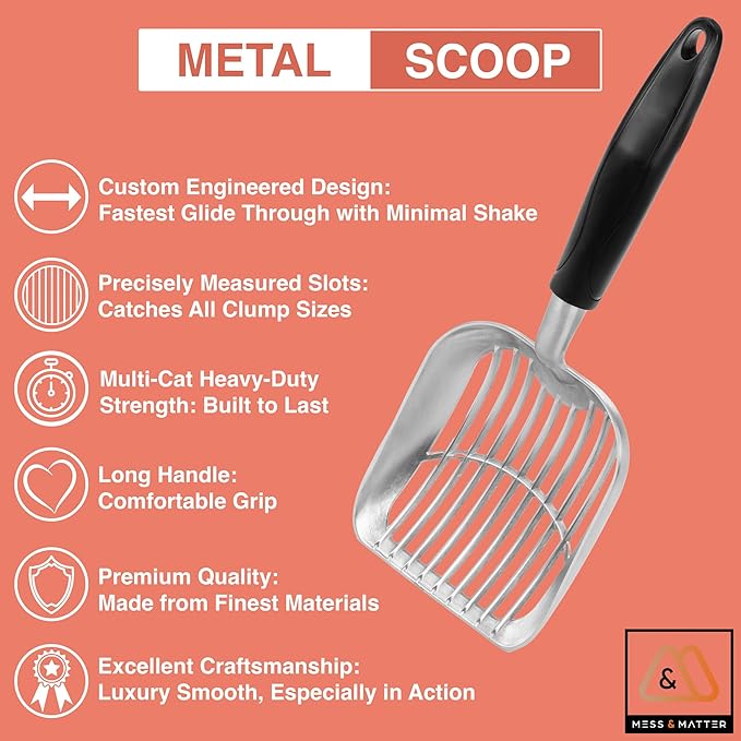 Heavy Duty Full Metal Cat Litter Scoop with Holder - Speed Sifter Litter Box Scooper Captures All Clumps - Kitty Litter Sifting Shovel Comfy Handle - Cat Scooper Includes Litter Bags & Non-Slide Clip-Mewly Pet