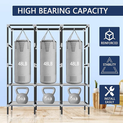 LOKEME Portable Wardrobe, 61-Inch with 3 Hanging Rods and 6 Storage Shelves, Non-Woven Fabric, Stable and Easy Assembly Black Portable Closets for Hanging Clothes with Side Pockets