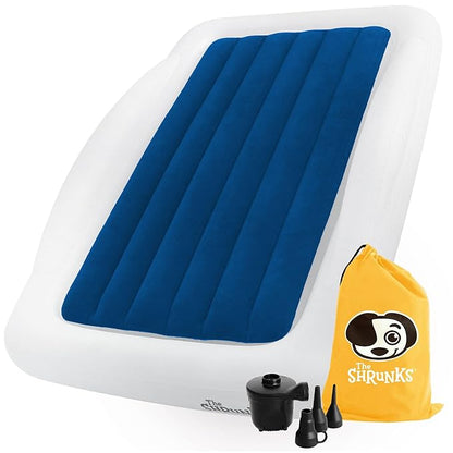 The Shrunks Toddler Travel Bed Portable Inflatable Air Mattress Blow Up Bed for Indoor/Outdoor Camping, Backyard, Hotel, or Home Use Kids/Toddler Floor Bed with Side Bed Rails and Electric Pump Blue