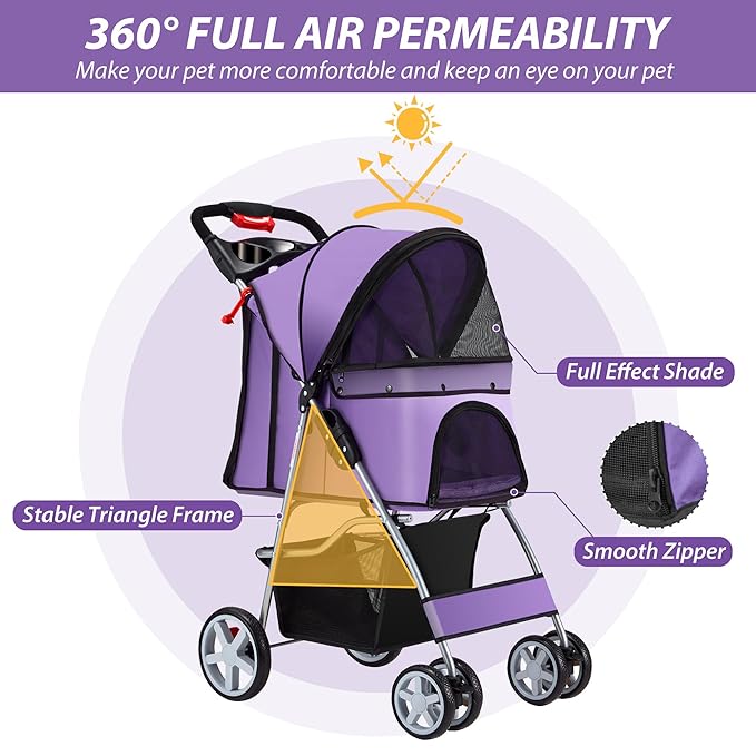 4 Wheels Pet Stroller for Small Medium Dogs Cats 10-33 lbs, Foldable Dog and Cat Stroller with Cup Holder & Storage Basket & Breathable Mesh, Pet Strolling Cart for All-Season, Purple-Mewly Pet