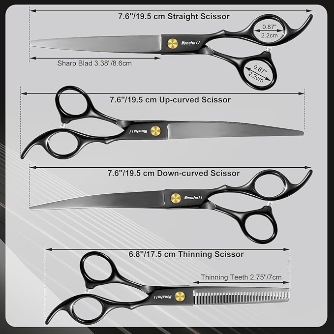 Professional Dog Grooming Scissors Set - 6.5" Thinning, 7" Straight, 7" Up-Curved, 7" Down-curved Scissors and Comb for Dog Cat Pet (Black)-Mewly Pet