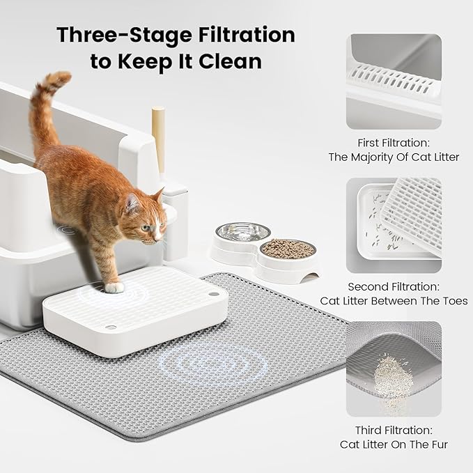 Stainless Steel Cat Litter Box - Enclosed XL Metal Kitty Litter Box with Lid for Big Cats, High Sided, Anti-Leakage, Easy Cleaning, Non-Sticky, Included Litter Mat, Cat Bowl & Spoon-Mewly Pet